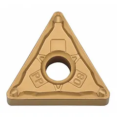 Triangle-shaped indexable carbide insert for turning operations. Suitable for external and internal turning, facing, and profiling on metal workpieces in lathe applications.