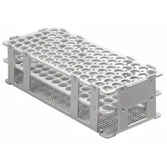 This white polypropylene test tube rack from SP SCIENCEWARE provides 90 places for benchtop organization of test tubes. Measuring 4 1/8 in wide by 2 1/4 in high by 9 7/8 in long, it offers a stable and chemical-resistant platform for sample handling and storage in laboratory settings.