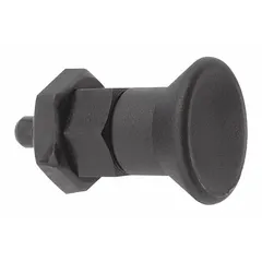This indexing plunger features a nonlocking short-pin design with a pull-knob for manual retraction. It is made of stainless steel with an M12x1.5 thread and includes a jam nut for secure installation. The nose force ranges from 6 N to 14 N. Typical applications include positioning, locking, and indexing of moving parts in industrial machinery.