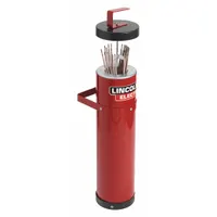 Portable electrode oven for storing and conditioning welding electrodes. Features a 10 lb storage capacity, 115/120V AC input, and handles for easy transport. Red finish. Used in fabrication, construction, and maintenance to keep electrodes dry and prevent weld defects