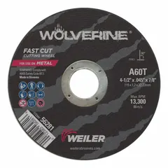 General purpose cut-off wheel for carbon and stainless steel. Type 1 wheel with 60 grit aluminum oxide abrasive. Measures 4-1/2" diameter, 0.045" thickness, 7/8" arbor hole. Suitable for metal fabrication, maintenance, and repair cutting applications.