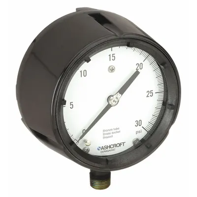 ASHCROFT Process Pressure Gauge: 0 psi to 30 psi, White, 4 1/2 in Dial, 1/2 in NPT Male - Brass/Bronze Wetted Parts & Plastic Casing