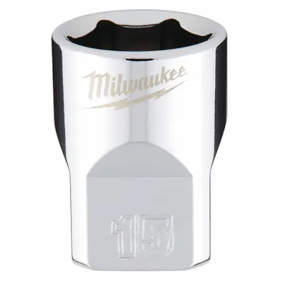 MILWAUKEE Standard Socket: Metric, 3/8 in Drive Size, 15 mm Socket Size, 6-Point - Anti-Roll Hand Sockets