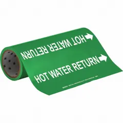 Green adhesive pipe marker with white legend reading 'Hot Water Return' and directional arrows. Designed for pipe outer diameters from 2-1/2 to 6 inches. Each pack contains 30 markers for identifying hot water return lines in piping systems.