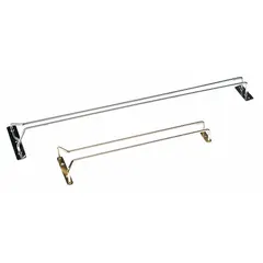 This hanging glass rack is constructed from brass with a gold finish, measuring 24 inches in overall length. It is designed for storing glassware in commercial or industrial settings, such as bars and kitchens, providing organized and accessible storage.
