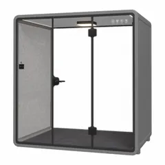 The FLEXISPOT WorkCube is a sound-dampening booth for up to 4 seating positions, constructed of gray aluminum. It includes interior 4000K lighting, a ventilation fan, and a USB-C port, operating on 100-240V. Suitable for open-plan offices, co-working spaces, or industrial break areas, it provides a private environment for focused work or meetings. Supplied unassembled.