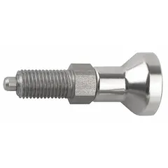 Nonlocking indexing plunger with pull-knob for manual retraction. Stainless steel construction with 3/4"-10 thread. Nose force range 15 N to 34 N. Used for temporary positioning and locking of moving parts in jigs, fixtures, and assembly lines.