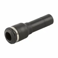 This push-to-connect fitting connects 14 mm OD to 12 mm OD nylon tubing in pneumatic systems. The body is made of black nylon with a nickel-plated brass stem. It is used for quick, leak-free connections in industrial automation, packaging, and material handling applications