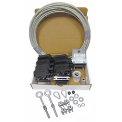 Wire rope festoon kit for flat cable or hose management on moving equipment. Supports travel range of 44 ft to 72 ft, requires minimum 75 ft of cable or hose. Includes bumper stops. Suitable for cranes, hoists, and automated machinery.