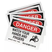 Polyester adhesive signs warning of hand and finger hazards. Each sign measures 3 1/2 in x 5 in nominal size, 0.01 in thick. Not retroreflective or glow-in-the-dark. Supplied in a 5-pack for application on machinery, panels, or doors in industrial environments