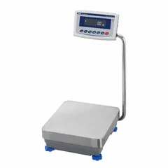 This column-mounted electric balance offers 0.1 g readability and a 13 1/2 in x 15 1/4 in platform. It is IP65 washdown-rated for use in environments exposed to dust and water jets. The balance supports DS weighing units and includes an RS-232 connection port for data communication. It is not NTEP rated.