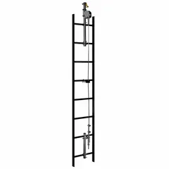 Stainless steel automatic cable lifeline system for fixed ladders. Includes a 100 ft stainless steel lifeline with trailing cable sleeve and three guides. Provides continuous fall protection for workers climbing vertical ladders in industrial settings.