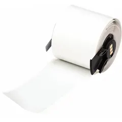 Gray polyester precut label roll, 4 in x 1 29/32 in, 100 labels per roll. Halogen-free material suitable for environments requiring low smoke and toxicity. Compatible with BMP71 printer series (with Media Adapter). Used for industrial identification such as asset tags, cable markers, and safety labels.