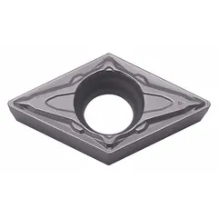 Diamond indexable turning insert for precision machining of non-ferrous materials. Used in turning, facing, and boring operations to achieve high surface finish. Compatible with standard DCMT-style tool holders.