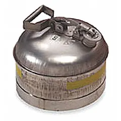 Stainless steel safety can for storing and dispensing flammable liquids. Single opening for filling and pouring. Corrosion-resistant construction suitable for industrial environments handling fuels or solvents.