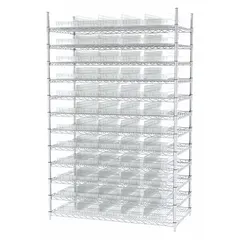 AKRO-MILS Bin Shelving: 48 in x 24 in x 74 in, 1 Sided, 60 Bins, Open, Shelf Bin, Clear, 12 Shelves (MPN AWS244830184SC). Key specifications — Includes Bins: Yes; Bin Material: Polymer; Frame Color: Silver; Bin HxWxD: (60) 4 in x 8-7/8 in x 23-5/8 in; Frame Material: Steel; Bin Color: Clear; Bin Style: Shelf; Brand: AKRO-MILS.