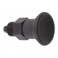 This indexing plunger features a nonlocking design with a short pin and pull-knob for manual positioning. It is made of stainless steel with an M10x1 thread and provides a nose force between 5 N and 12 N. Commonly used in jigs, fixtures, and automation for precise indexing or locating of moving parts.