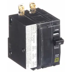 Bolt-on miniature circuit breaker rated 20 A, 120/240V AC, single-phase, with a maximum interrupting rating of 10kA at 120/240V AC. Two-pole design for overcurrent protection in Square D NQOD panelboards. Suitable for commercial and industrial electrical distribution systems.