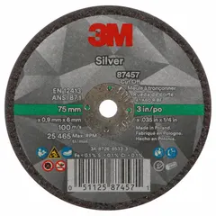 Type 1 cut-off wheel for carbon and stainless steel. Ceramic construction with 60 grit. Dimensions: 3" diameter, 0.035" thickness, 1/4" arbor hole. Designed for cool-cutting action in metal fabrication and maintenance tasks.