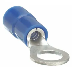 Blue vinyl-insulated ring terminal for #6 stud size, accepting 16 AWG to 14 AWG wire. Rated 600 V with funnel entry for simplified wire insertion. Used to terminate wires to studs in electrical connections.