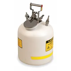 This waste can is designed for collecting and containing waste solvents from high-performance liquid chromatography (HPLC) systems. It features a 5-gallon polyethylene body with an EDPM seal and stainless steel fittings. The polypropylene/stainless steel fitting material provides chemical resistance for laboratory waste management.
