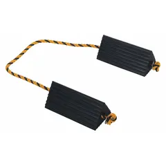 Set of two black rubber chocks for restraining parked aircraft wheels. Each chock measures 5 in length, 10 in width, and 4 1/2 in height. The rubber construction provides a non-marring grip on tires.