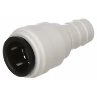Straight polysulfone push-to-connect tube fitting with 1/2 in OD x 1/2 in OD size and push-to-connect x barbed connection. Used for joining tubing in fluid handling systems for water, air, and low-pressure applications