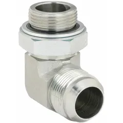 This steel hydraulic hose adapter is a rigid 90° elbow with male x male connections, featuring Metric x JIC thread types. It is used to connect hydraulic hoses in a 90-degree orientation, allowing routing around obstacles in hydraulic systems.