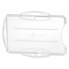 Horizontal clear plastic badge pouch, 3 3/4 in wide by 2 3/4 in high. Sold in a 10-pack. Designed to hold ID badges, access cards, or security passes for display and protection in workplaces, events, or industrial settings.
