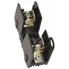 Single-pole fuse block for UL Class H and K fuses, rated 600 V AC. Features pressure plate terminals and non-indicating design. Used in industrial control panels, motor circuits, and distribution equipment for secure fuse mounting and wiring.