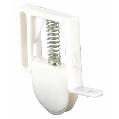 This white, unfinished roller is designed for sliding screen doors, providing smooth guidance and support. It measures 6-7/16 inches in height and length, with a width of 3-13/16 inches. Suitable for replacement or repair in residential or light-commercial door applications.