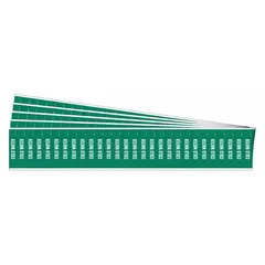 Green adhesive pipe markers with white 'Cold Water' legend, designed for identifying cold water piping systems. Each pack contains 5 sets of 28 markers, fitting pipes with an outside diameter of 3/4 inch or smaller. Markers are supplied without directional arrows.