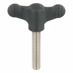 Wing knob with threaded stud for manual clamping, positioning, and adjustment on machinery and fixtures. Plastic body with stainless steel thread. Thread size 5/16"-18, thread length 40 mm, diameter 50 mm.
