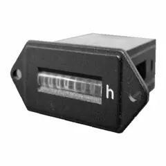 Analog hour meter with rectangular flush-mount bezel for front panel installation. Operates on 120 VAC at 60 Hz. Measures 1 1/8 in x 2 in. CE certified. Used to record operating hours of equipment such as generators, pumps, compressors, and machinery for maintenance scheduling.