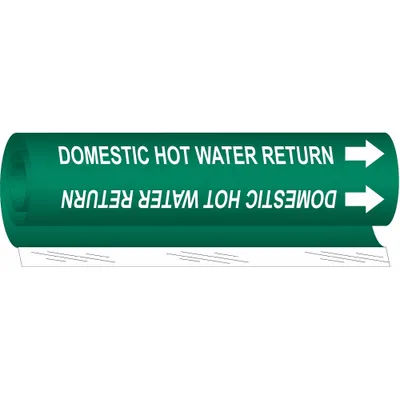 BRADY Pipe Marker: Domestic Hot Water Return, Green, White, Fits 2 1/2 to 7 7/8 in Pipe O.D. - Domestic Hot Water Return Wrap-Around Pipe Markers