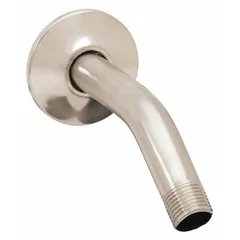 Wall-mounted shower arm and flange made of brass with a brushed nickel finish. Uses IPS connection for standard plumbing integration. Connects a showerhead to wall plumbing in residential or commercial bathrooms.