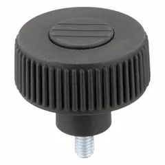Knurled knob with threaded stud for manual adjustment and clamping in industrial machinery, jigs, and fixtures. Features a 40 mm diameter, M6 thread, and 10 mm thread length. Constructed from gray plastic with a steel threaded insert.