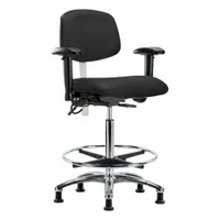 This cleanroom task chair is rated ISO 5 and ESD-safe, featuring a vinyl seat and backrest with an aluminum base. It includes arms and foot support, with adjustable height from 26 1/4 in to 36 in and a 19 in seat width. The chair offers forward and backward tilt for both back and seat, suitable for controlled environments requiring electrostatic discharge protection