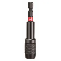 This impact-rated bit holder accepts 1/4 in hex-shank bits and features a magnetic tip for secure retention. It is suited for fastening tasks in assembly, construction, and repair work.
