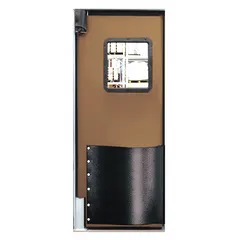 Single-leaf swinging door made of brown textured polyethylene with a polycarbonate window. Measures 3 ft wide by 7 ft high. Meets NSF standards. Includes door seals, bumpers, and mounting hardware. Suitable for separating temperature zones in food processing, cold storage, and industrial facilities.