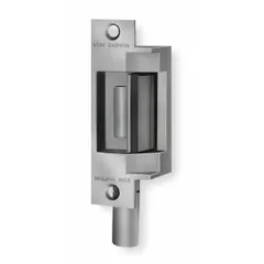 This electric strike is designed for use with cylindrical and mortise locksets in access control systems. Constructed of stainless steel, it measures 4 7/8 inches in height and operates on 24V AC/DC input voltage. Rated as Performance Duty 1 (Heavy Duty), it is suitable for commercial and institutional applications requiring secure electronic latching.