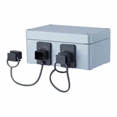 This surface-mount wall outlet features a gray aluminum housing for industrial data connections. It is unequipped, allowing installation of an E-DAT Industry USB coupler insert or RJ45 connector. With 2 ports and a 180° mounting angle, it is suited for network infrastructure in factories, warehouses, or commercial buildings.