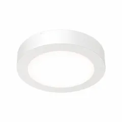 4-inch round surface-mount downlight with integrated LED, 3000K color temperature, 90 CRI, matte white polycarbonate housing, flush mount, and 120V AC input. Suitable for general illumination in commercial and institutional spaces requiring a low-profile, clean appearance.