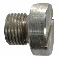 Steel screw plug designed as a replacement component for pallet jacks. Used to seal the hydraulic system, preventing fluid leaks and maintaining lifting performance in material handling applications.