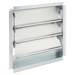This backdraft damper is designed for ceiling or roof mounting in horizontal orientation, handling vertical airflow up to 2000 fpm. It features a single-panel, flat-blade construction with felt seals to prevent reverse airflow. The damper measures 17 inches high by 17 inches wide by 2 inches deep.