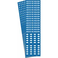 Adhesive pipe marker for identifying pipes carrying asbestos-free insulation. Blue background with white legend text. Includes directional arrows for flow indication. Fits pipe outside diameter of 3/4 in and smaller. Supplied as a 5-pack.
