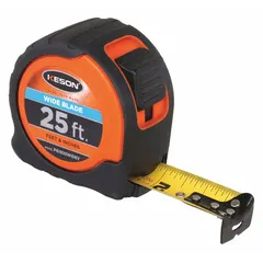 This 25 ft SAE tape measure features a black plastic case with a rubberized grip for secure handling. The blade is marked in 1/16-inch increments and feet, with a nonmagnetic single hook tip. A finger brake and manual lock provide controlled blade retraction. Suitable for general construction, carpentry, and layout work where magnetic interference must be avoided.