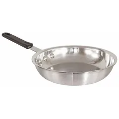 This uncoated aluminum fry pan has an 8 1/2-inch top diameter and a polished natural finish. The riveted aluminum handle is gray. NSF certified for commercial use, it is suitable for sautéing, searing, and pan-frying.
