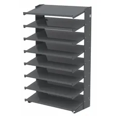 Steel stationary pick rack with eight shelves for organizing parts, tools, or supplies in warehouses and manufacturing facilities. Gray frame, 36 in x 18 in x 60 in, one-sided access. Bins not included.