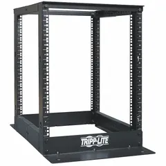 Floor-mount open-frame server rack with 4-post steel construction. Provides 13 rack units of mounting space for network equipment, servers, and patch panels. Includes six cable management hooks for organizing cabling. Dimensions: 28 in x 20 1/4 in x 36 in.